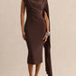 Exclusive Irregular Ruched Shawl Ribbons Brown Midi Dress