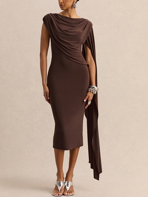 Exclusive Irregular Ruched Shawl Ribbons Brown Midi Dress