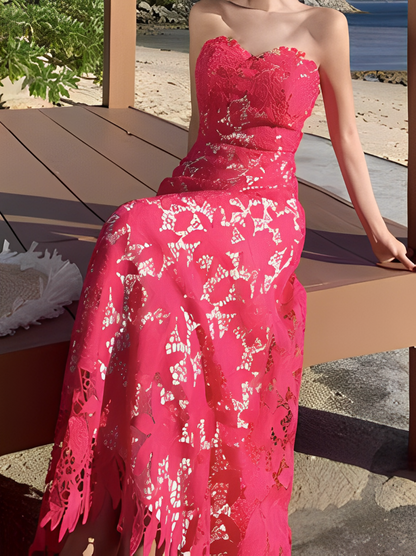 Exclusive Lace A Line Red Strapless Dress