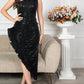 Exclusive Party Wear Black Flower Decor Sequin One Shoulder Dress