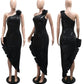 Exclusive Party Wear Black Flower Decor Sequin One Shoulder Dress