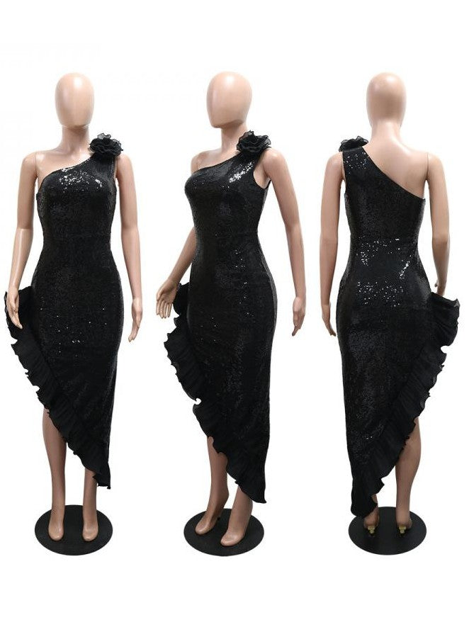 Exclusive Party Wear Black Flower Decor Sequin One Shoulder Dress