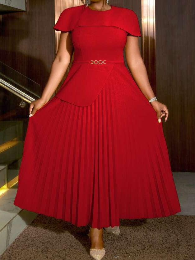 Modern Pleated Crewneck Cape Sleeve Red Maxi Dress