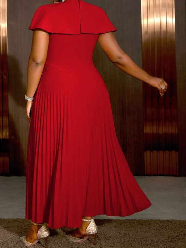Modern Pleated Crewneck Cape Sleeve Red Maxi Dress