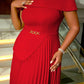Modern Pleated Crewneck Cape Sleeve Red Maxi Dress