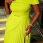 Modern Pleated Crewneck Cape Sleeve Green Maxi Dress