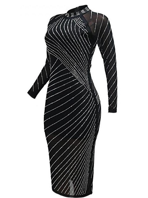 Exclusive Rhinestones Bodycon Party Wear Long Sleeve Midi Dress