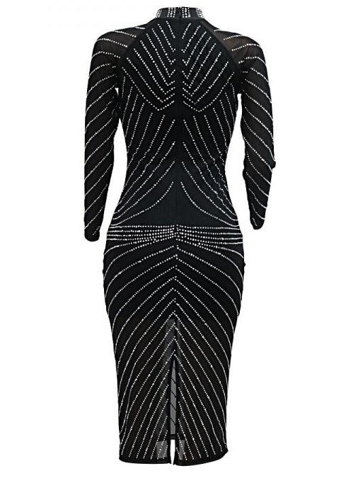 Exclusive Rhinestones Bodycon Party Wear Long Sleeve Midi Dress
