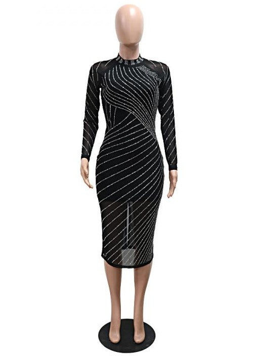 Exclusive Rhinestones Bodycon Party Wear Long Sleeve Midi Dress