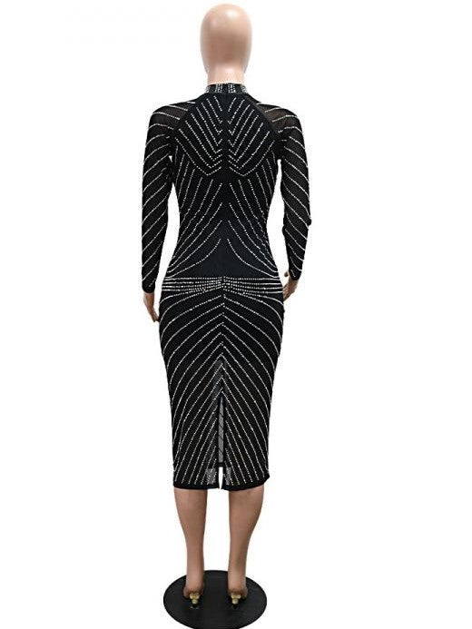 Exclusive Rhinestones Bodycon Party Wear Long Sleeve Midi Dress