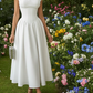 Exclusive Short Sleeve White Corset Flare Midi Dress