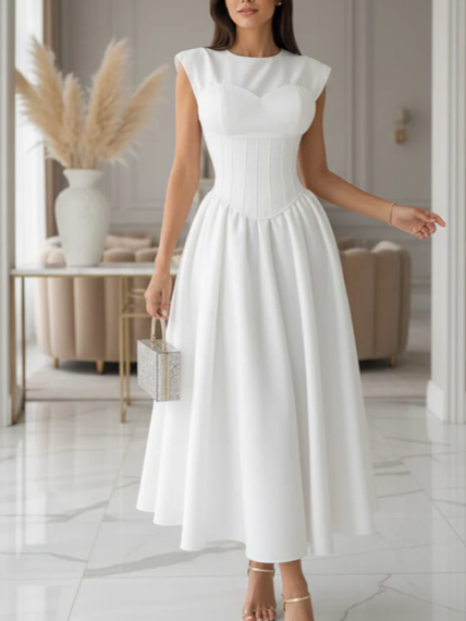 Exclusive Short Sleeve White Corset Flare Midi Dress