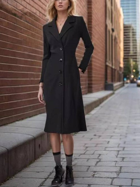 Exclusive Single Breasted Black Coat Dress