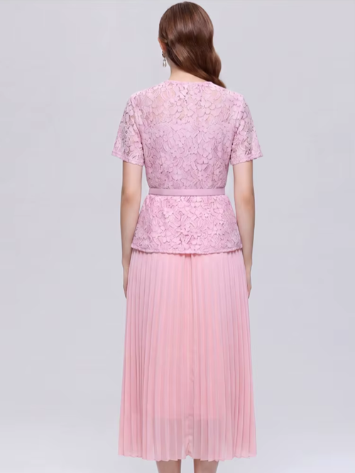 Exquisite Lace Pink Pleated Dress