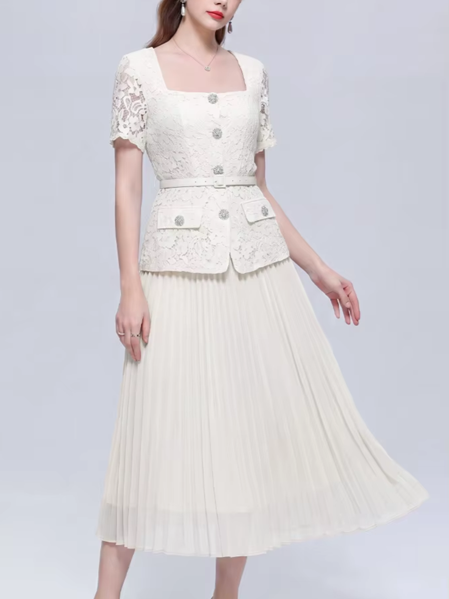 Exquisite Lace Apricot Pleated Dress