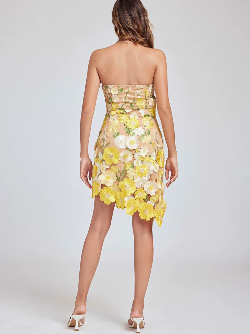 Exquisite Party Wear Irregular Strapless 3D Flower Pencil Yellow Dress