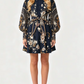 Exquisite Printed Long Sleeved Elastic Waisted A-line Black Dress