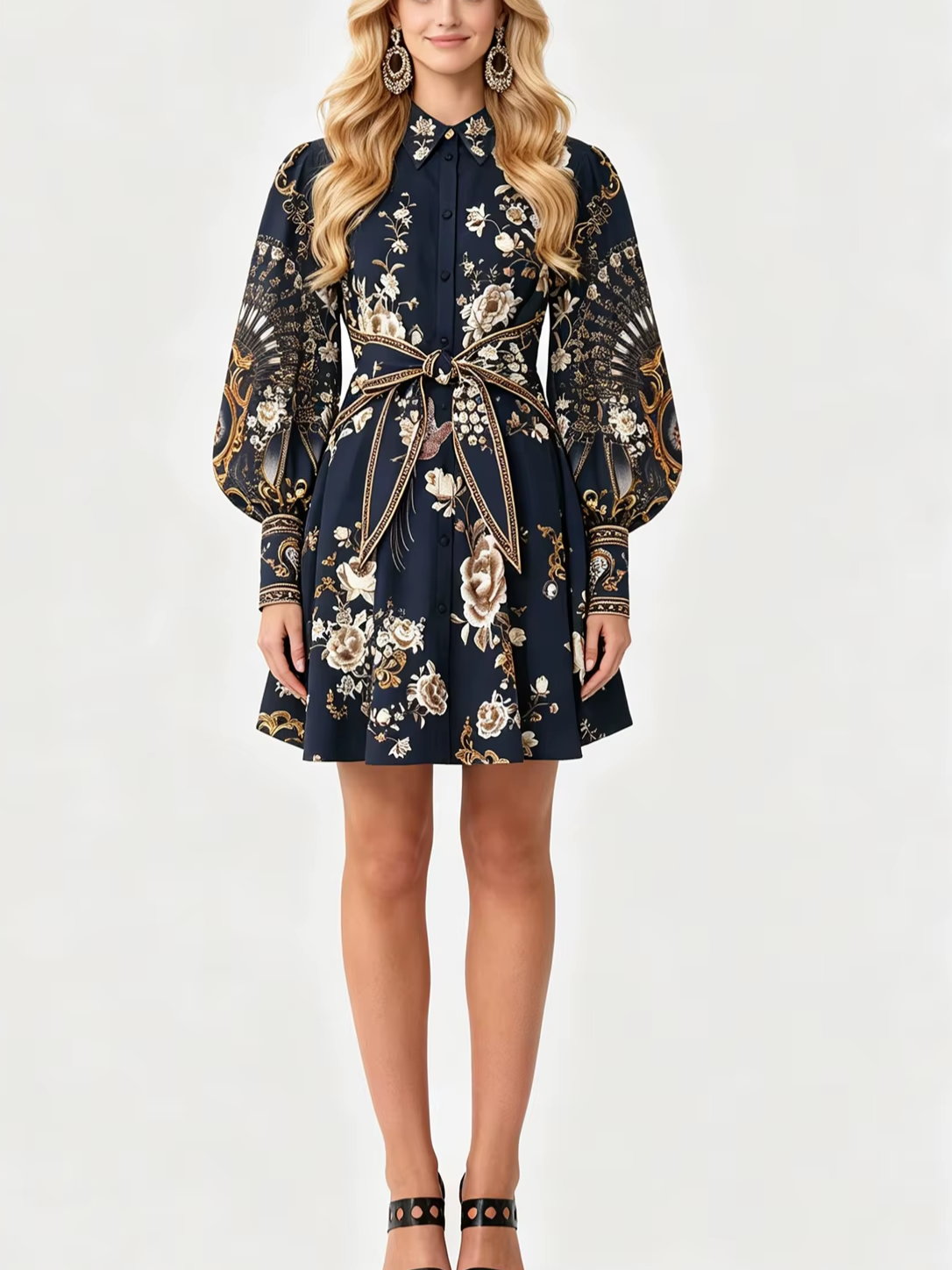 Exquisite Printed Long Sleeved Elastic Waisted A-line Black Dress
