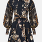 Exquisite Printed Long Sleeved Elastic Waisted A-line Black Dress