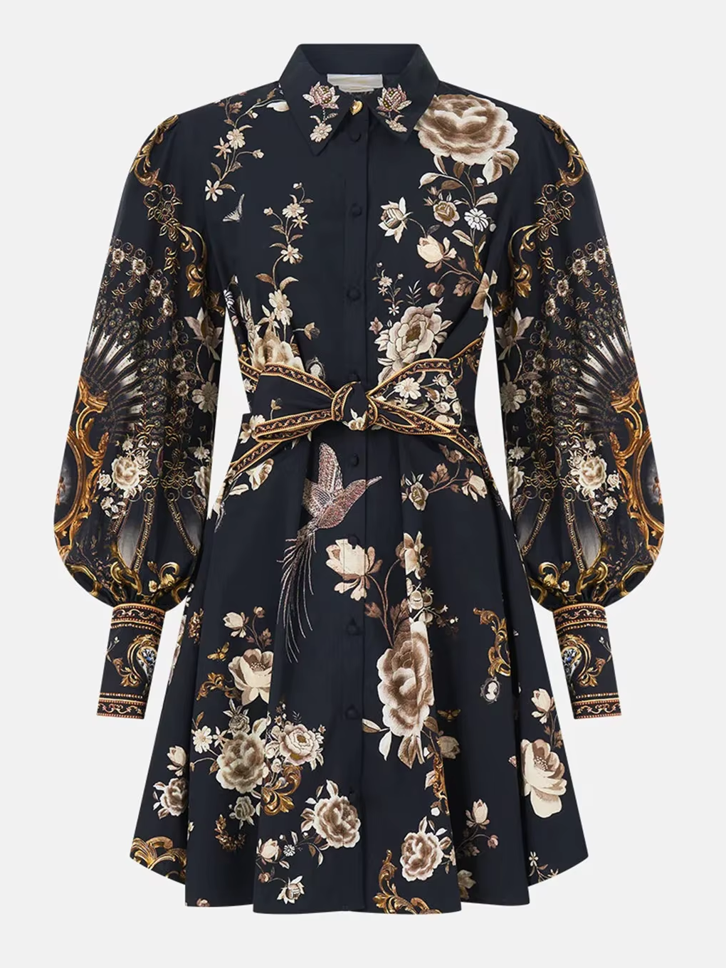 Exquisite Printed Long Sleeved Elastic Waisted A-line Black Dress