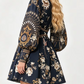 Exquisite Printed Long Sleeved Elastic Waisted A-line Black Dress