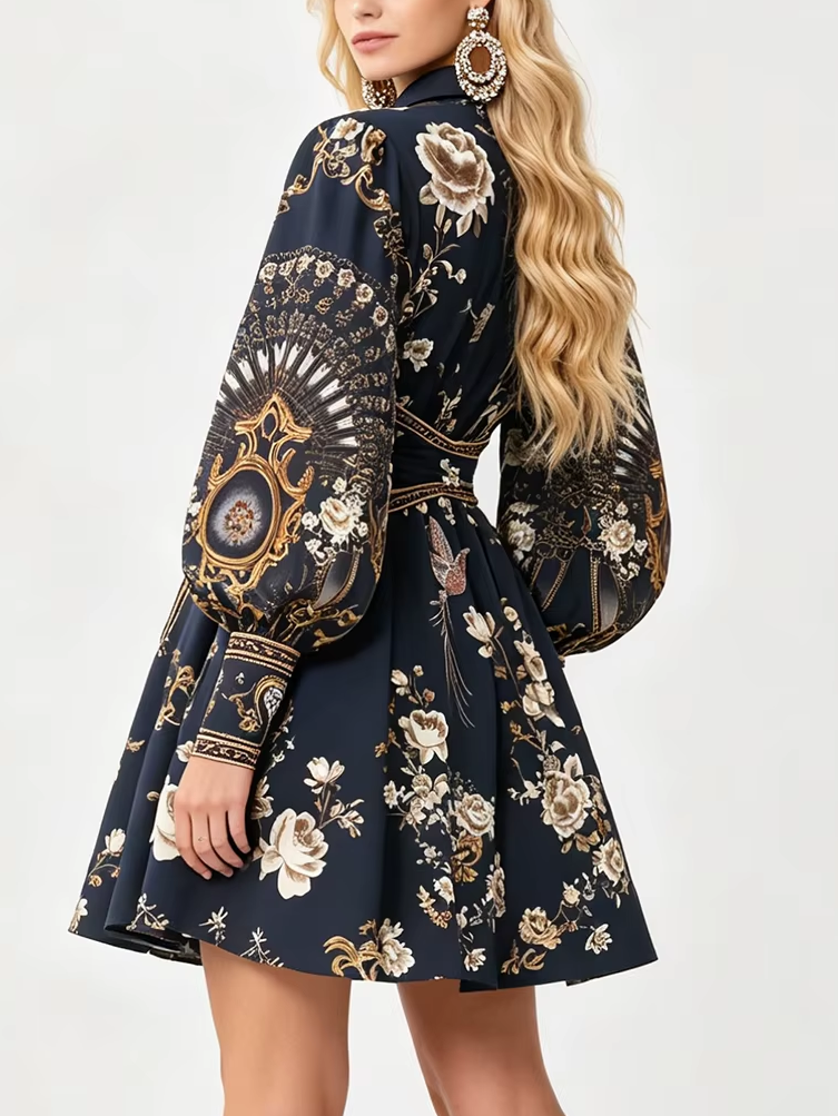 Exquisite Printed Long Sleeved Elastic Waisted A-line Black Dress