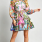 Exquisite Printed Long Sleeved Elastic Waisted A-line Dress