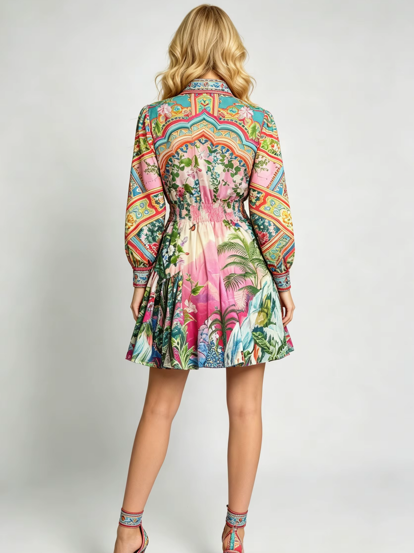 Exquisite Printed Long Sleeved Elastic Waisted A-line Dress