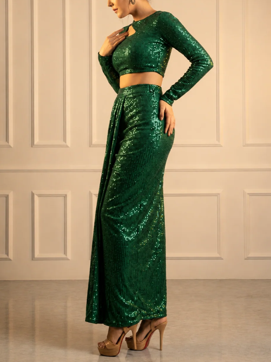 Exquisite Sequin Emerald Green Skirt Set