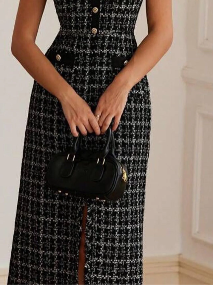 Fabulous Black Tweed Button Decor Sleeveless Midi Dress