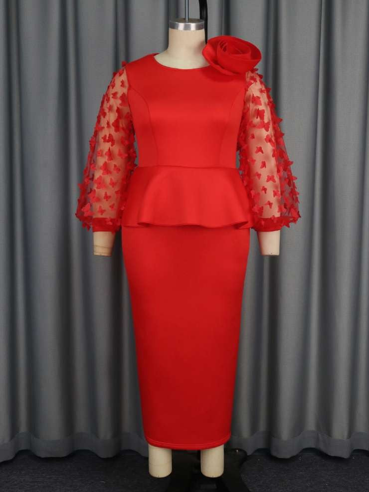 Fabulous Flower Decor Long Sleeve Red Dress