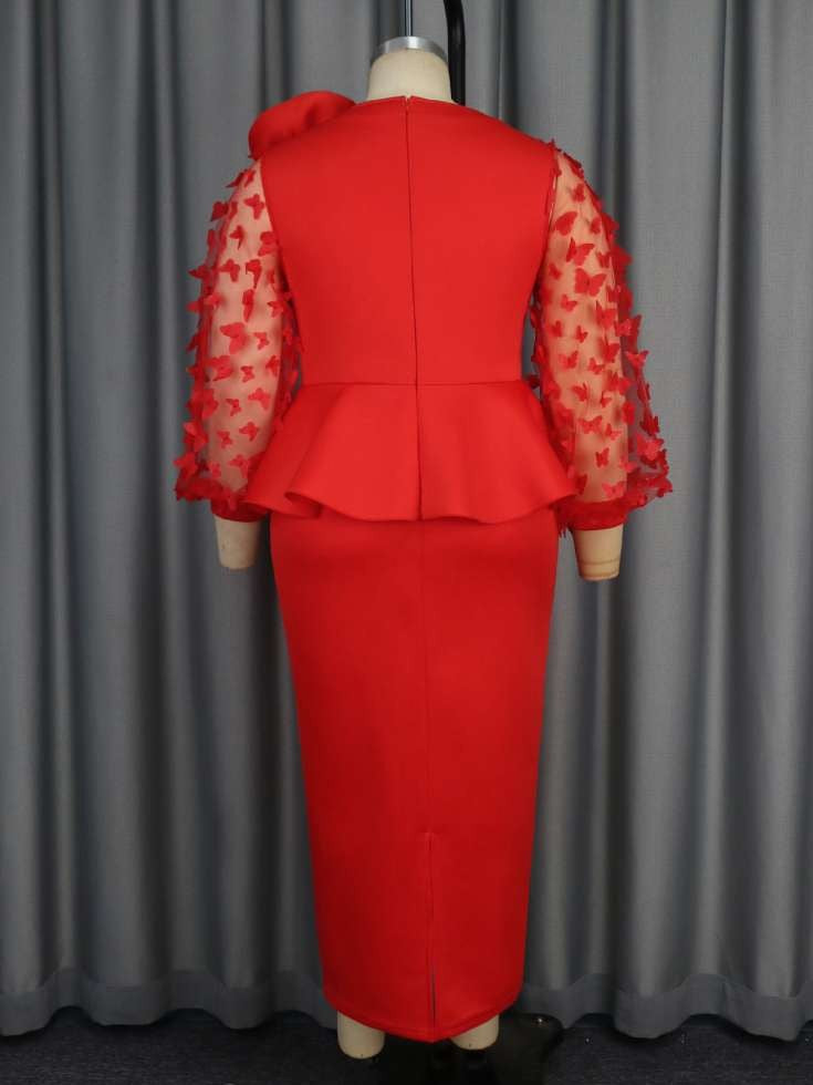 Fabulous Flower Decor Long Sleeve Red Dress