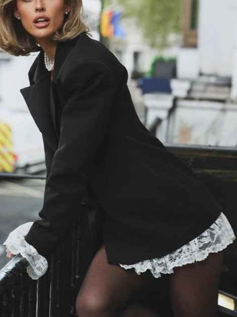 Fabulous Lace Panel Black Lapel Blazer Mini Dress
