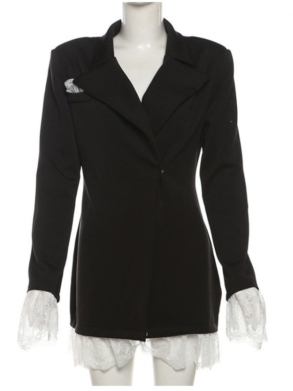 Fabulous Lace Panel Black Lapel Blazer Mini Dress