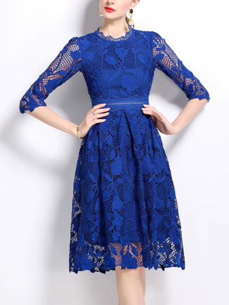 Fabulous Lace Patchwork Blue Hollow Out Dress