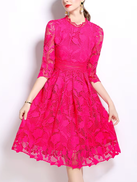 Fabulous Lace Patchwork Pink Hollow Out Dress - Ships in 24 Hrs