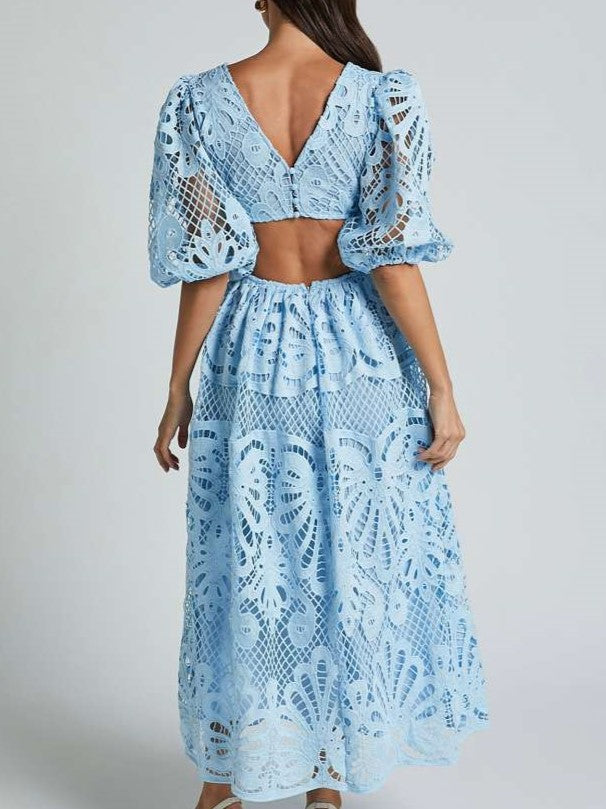 Fabulous Lantern Sleeve Lace V Neck Dress