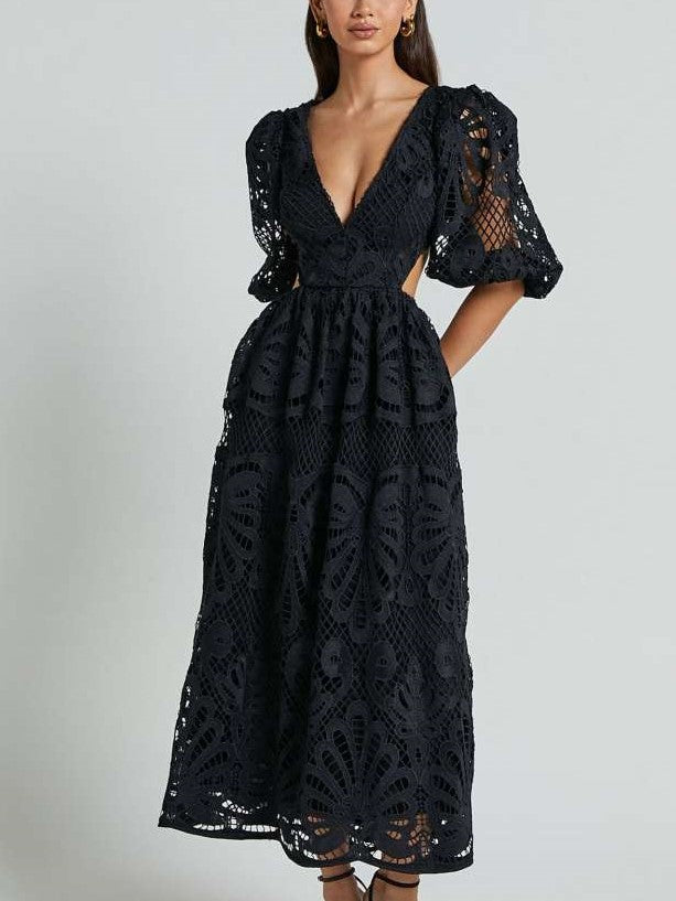 Fabulous Lantern Sleeve Lace V Neck Dress