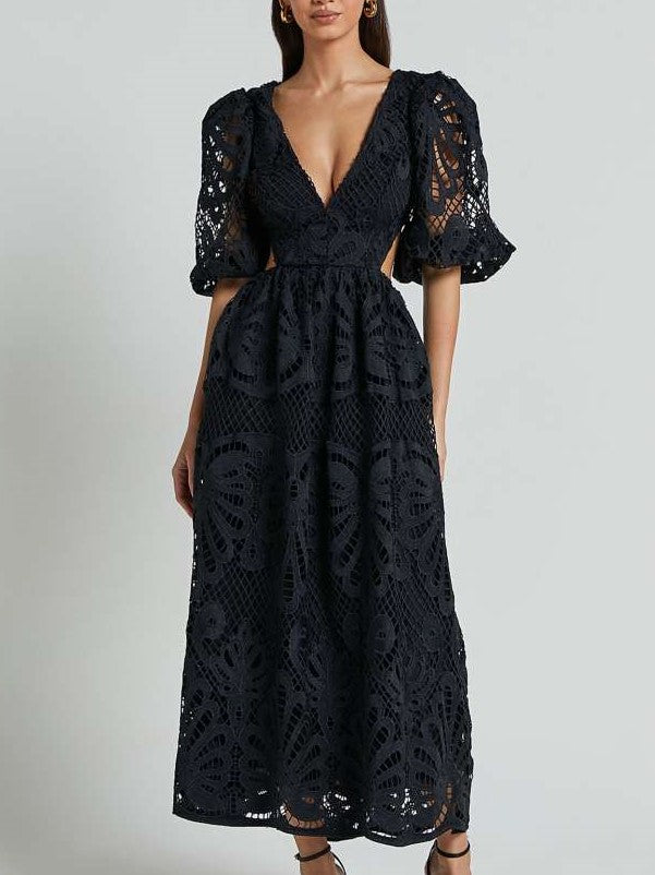 Fabulous Lantern Sleeve Lace V Neck Dress