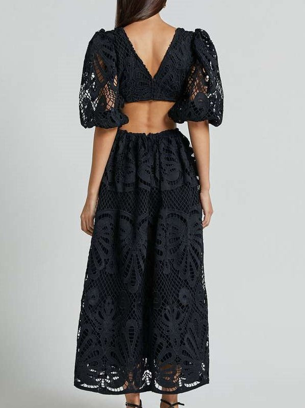 Fabulous Lantern Sleeve Lace V Neck Dress