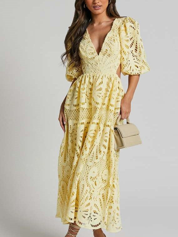 Fabulous Lantern Sleeve Lace V Neck Dress