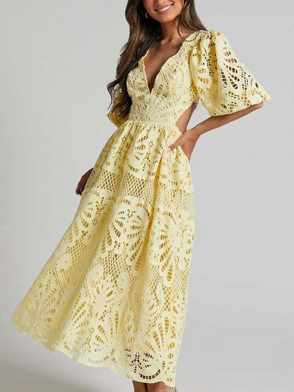 Fabulous Lantern Sleeve Lace V Neck Dress