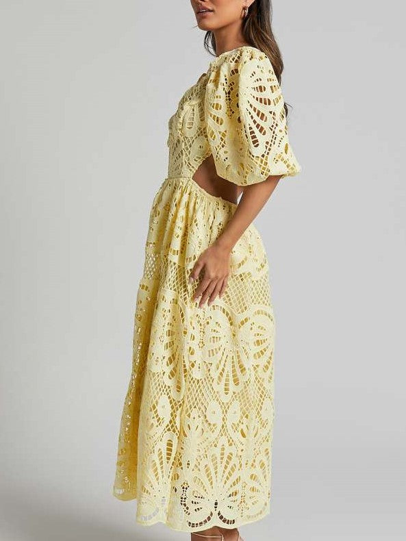 Fabulous Lantern Sleeve Lace V Neck Dress