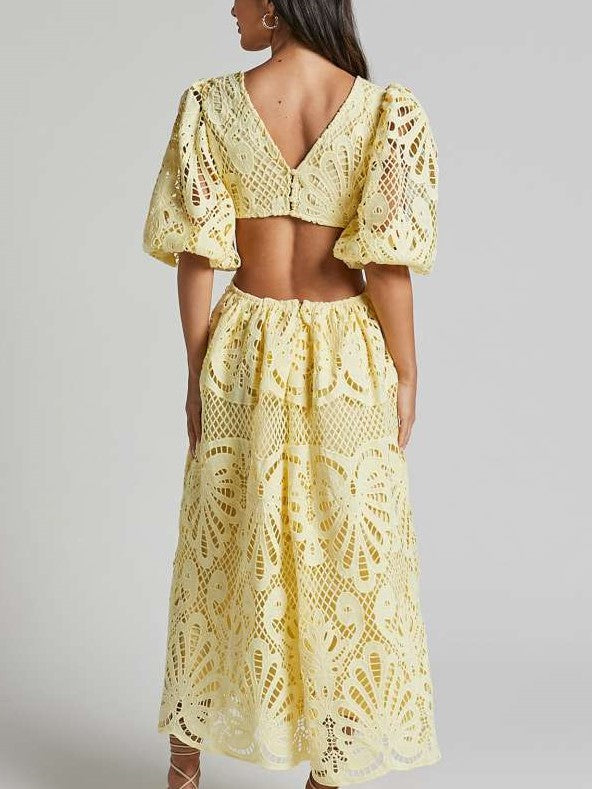 Fabulous Lantern Sleeve Lace V Neck Dress
