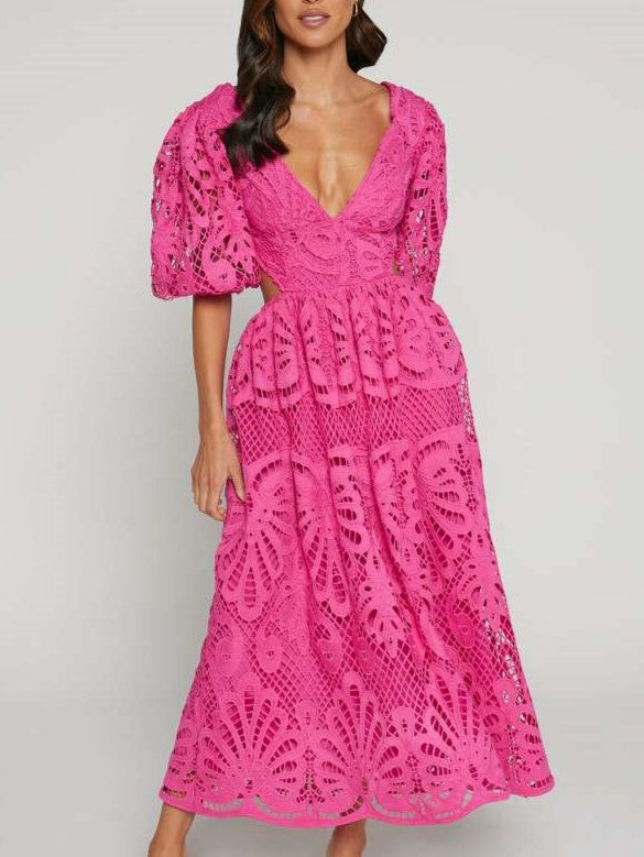 Fabulous Lantern Sleeve Lace V Neck Dress
