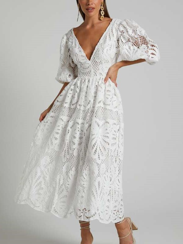 Fabulous Lantern Sleeve Lace V Neck Dress
