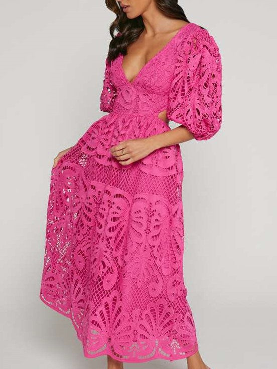 Fabulous Lantern Sleeve Lace V Neck Dress