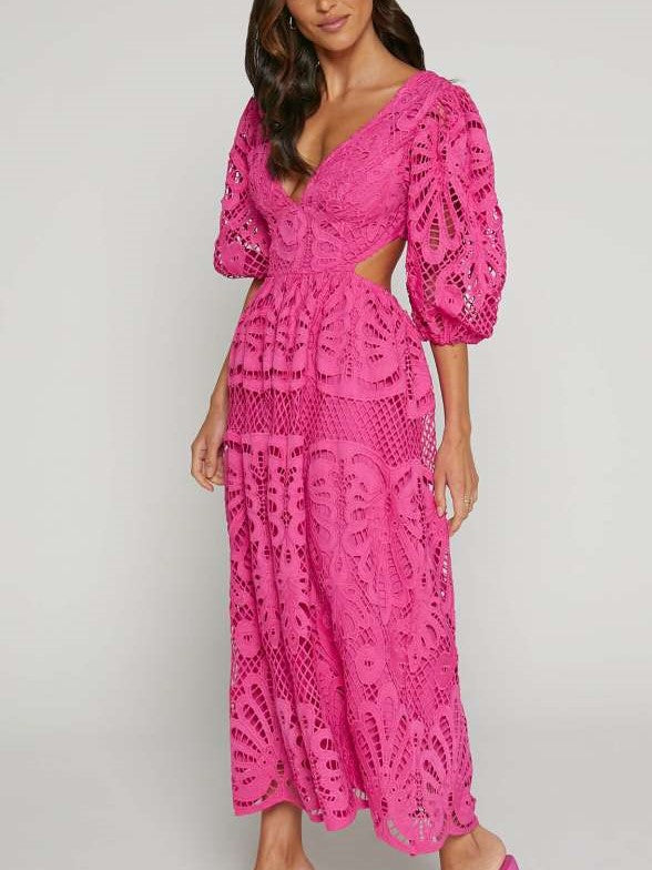 Fabulous Lantern Sleeve Lace V Neck Dress
