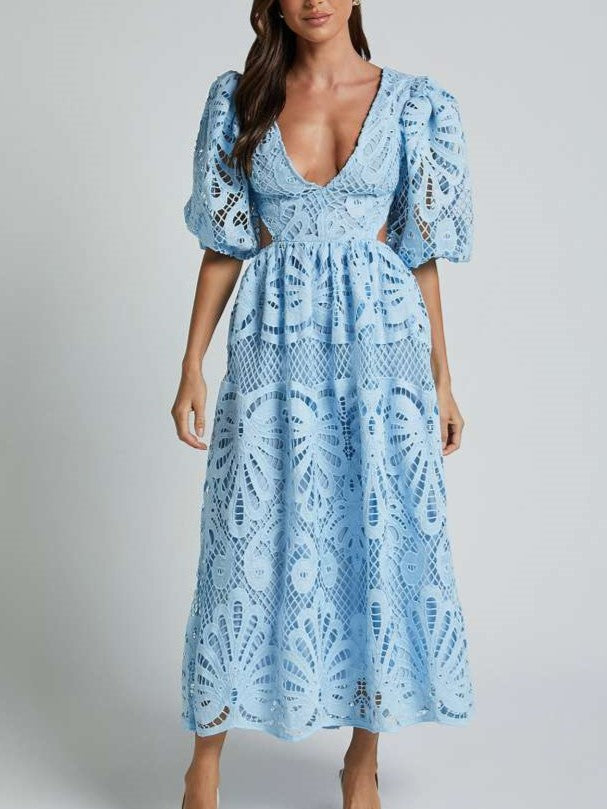 Fabulous Lantern Sleeve Lace V Neck Dress