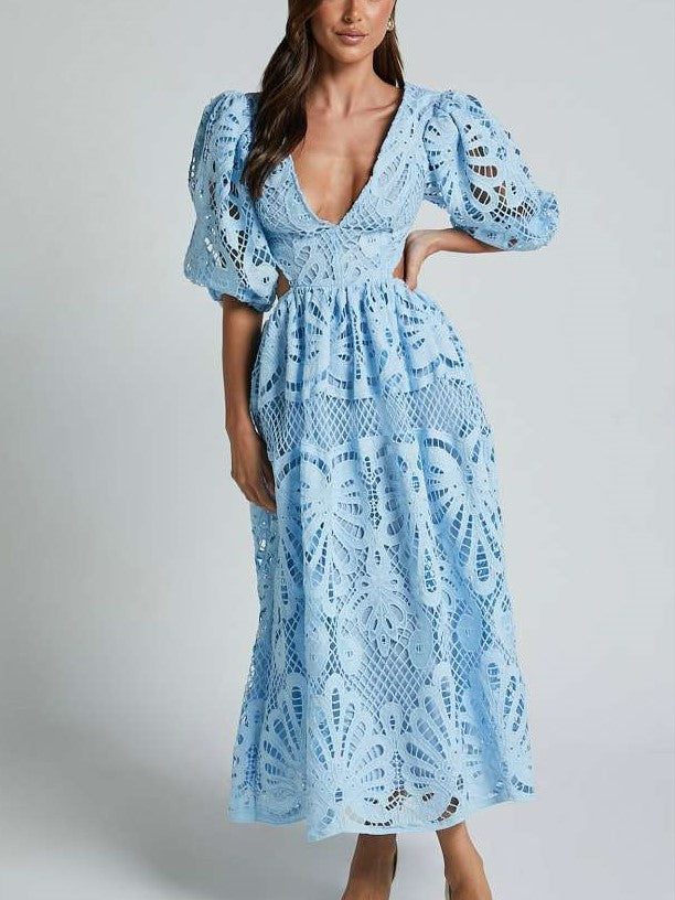 Fabulous Lantern Sleeve Lace V Neck Dress